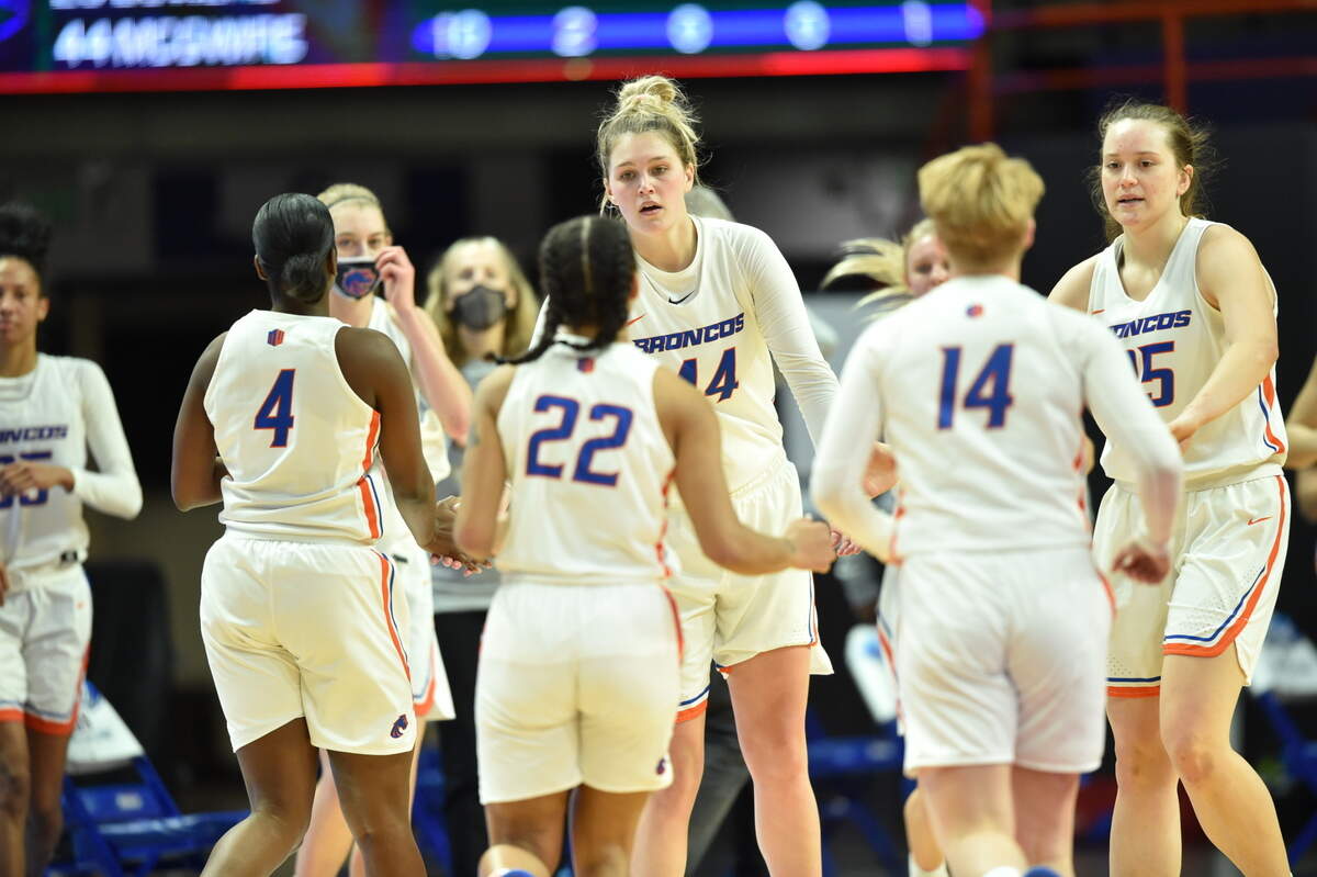 Redshirt senior Mallory McGwire, center, had 25 points and 15 rebounds in Boise State’s 68-61 win over Wyoming on Monday at ExtraMile Arena.