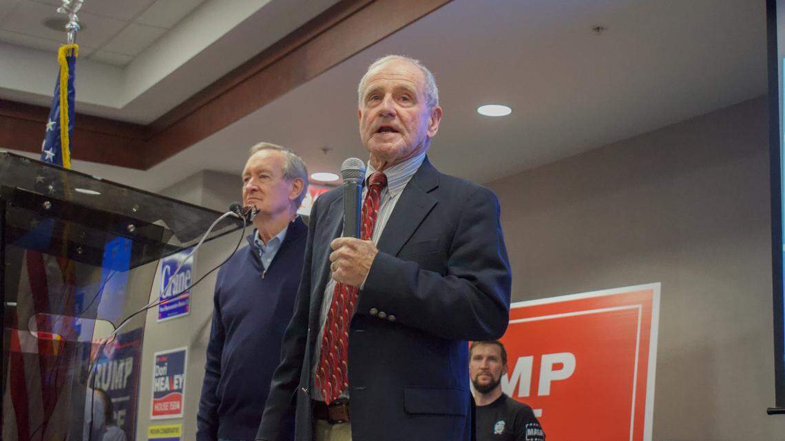 U.S. Sens. Jim Risch, R-Idaho, right, and Mike Crapo, R-Idaho, address supporters during the Republican watch party at The Marriott Hotel in Meridian in this November file photo.