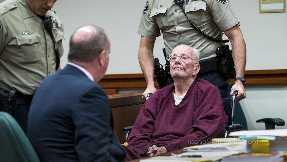 Thomas Faucher appears before Fourth District Judge Jason Scott to be sentenced after being found guilty of multiple felonies, including possessing and trafficking child pornography among other charges Thursday at the Ada County Courthouse in Boise, Idaho.