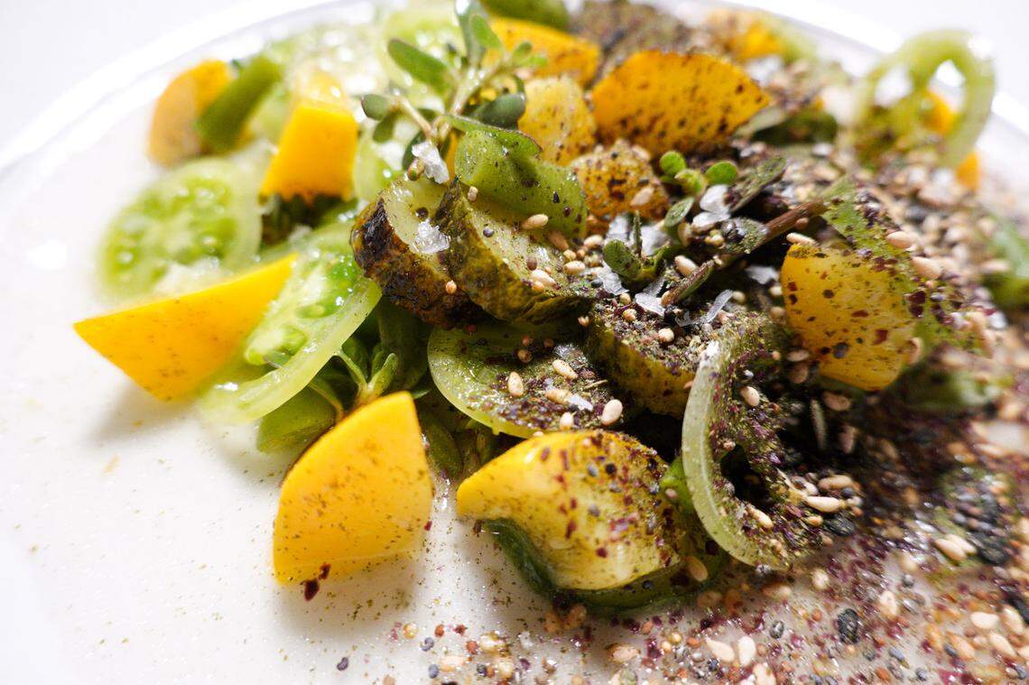Porcini Salad ($10) with grilled cucumber, squash, green tomato, dulse and seeds.