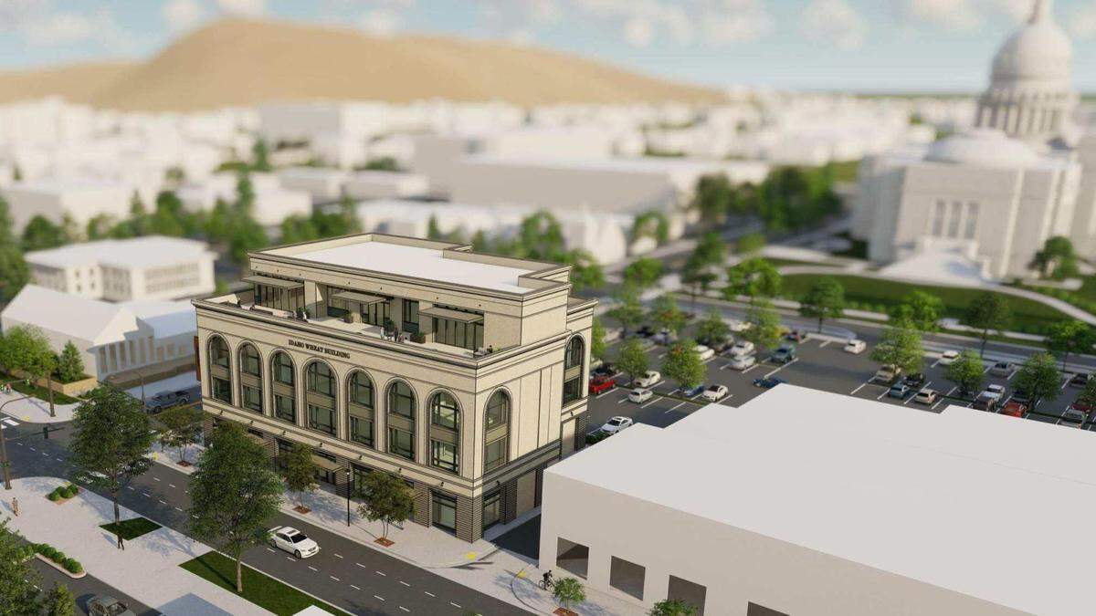 The Idaho Wheat Commission building gives easy access to the Capitol for the agriculture-oriented organizations that have offices in the building. The Capitol, less than 500 feet away, is in background at right and 9th Street is in foreground at bottom left.