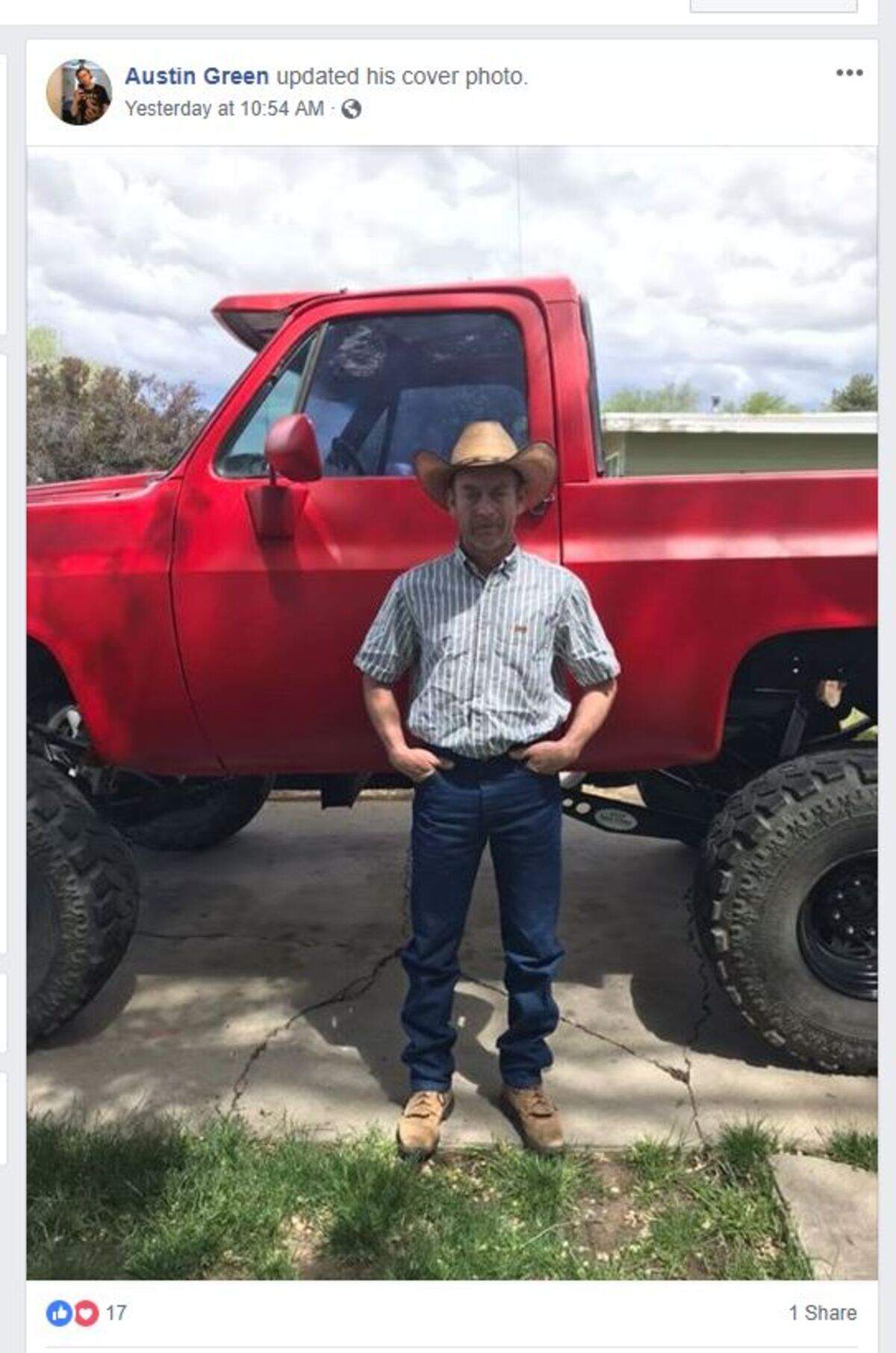 Austin Green posted this photo of Monte “Alex” Green to his Facebook page after his father died Saturday during an explosion at a US Ecology hazardous-waste site in Grand View. Of the red pickup truck, Austin Green said: “He sanded it and made it nice.”
