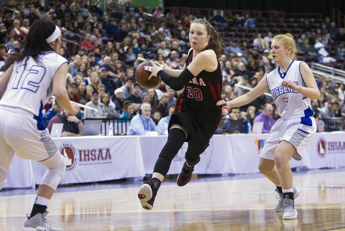 Parma sophomore Grace Jackson drives on Sugar-Salem’s Michelle Luke (5) and Macie Knapp in the state 3A girls basketball championship Saturday, Feb. 16, 2019 at Ford Idaho Center in Nampa.