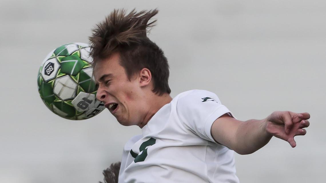 Eagle defensiveman Payton Lyons redirects the soccer ball with a header in the 5A District Three boys soccer championship against Borah Wednesday, Oct. 16, 2019 at Rocky Mountain High School in Meridian.