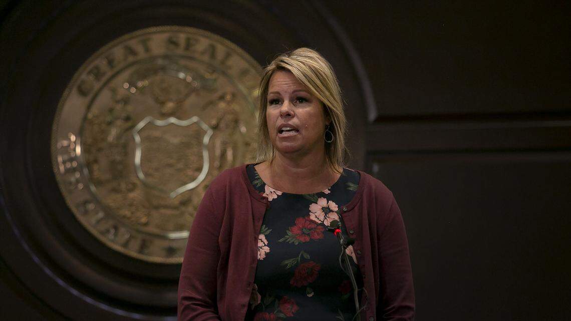 State Board of Education President Debbie Critchfield speaks at a news conference Friday, as state officials outlined a plan to reverse $99 million in K-12 budget cuts.