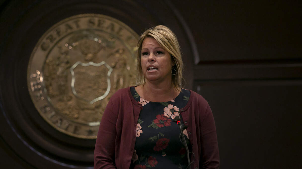 State Board of Education President Debbie Critchfield speaks at a news conference Friday, as state officials outlined a plan to reverse $99 million in K-12 budget cuts.