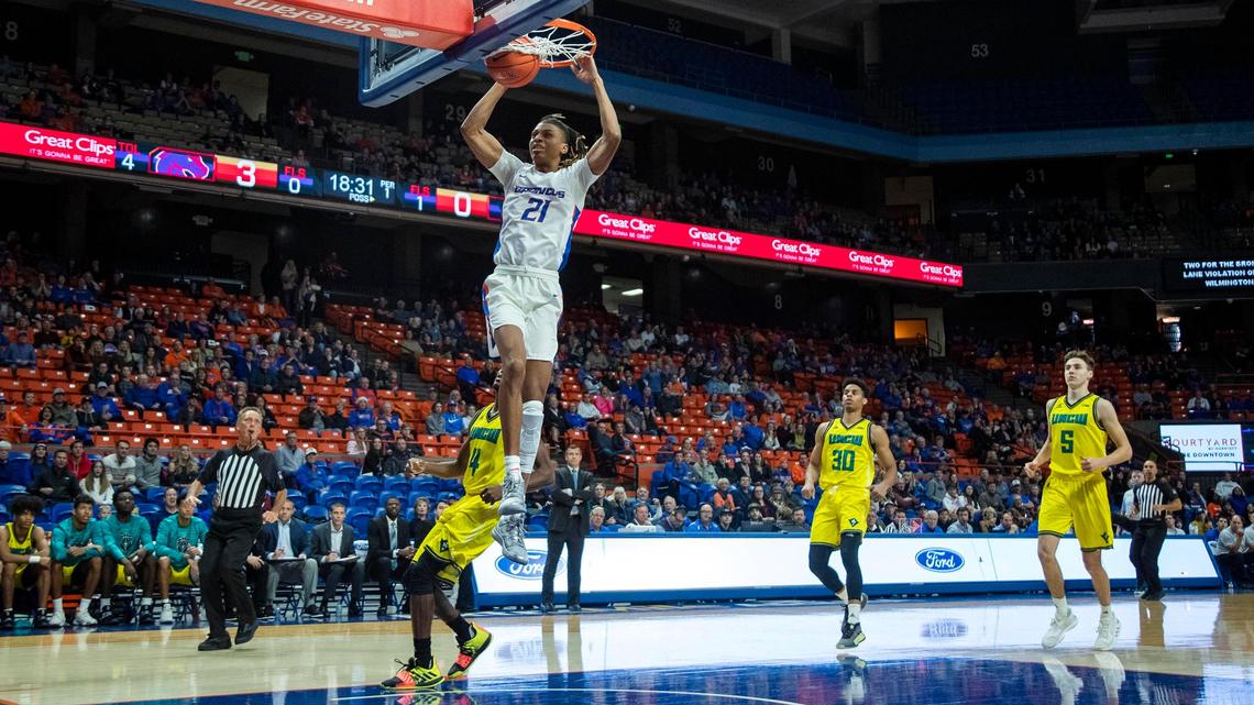 Boise State guard Derrick Alston slam dunks the basketball in the opening minutes of the Broncos’ nonconference game with UNC Wilmington Friday, Nov. 29, 2019 at ExtraMile Arena in Boise.
