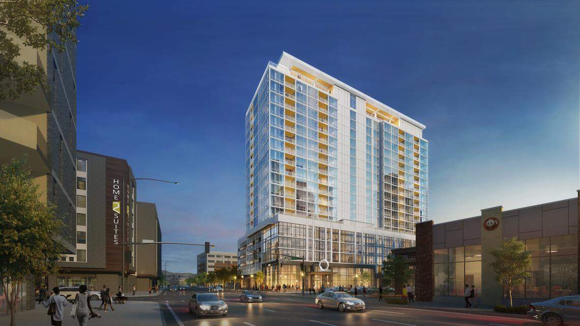 A rendering shows a future 19-story apartment building on the corner of 6th Street and Front Street. This angle shows the view from Front Street.