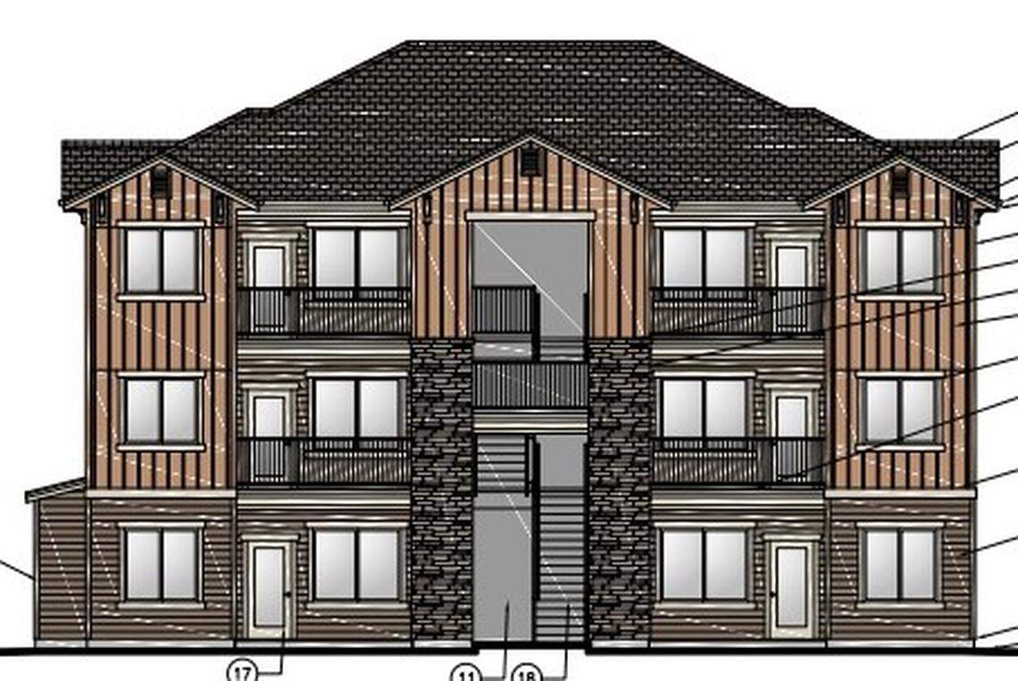 A rendering of an apartment building proposed as part of the Celebration Acres development.