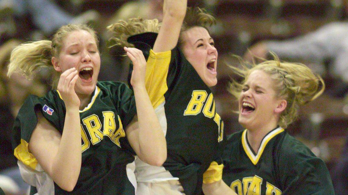 The Borah girls basketball team celebrates after winning the infamous 2001 state championship over Boise thanks to its stall tactics. Borah lost three previous meetings against Boise, but stalled on offense to win the state title game 17-7. “They have the best talent in the state of Idaho, without question,” Borah coach Jim Pankratz told the Idaho Statesman after the game. “Our only chance was to take advantage of the clock.”