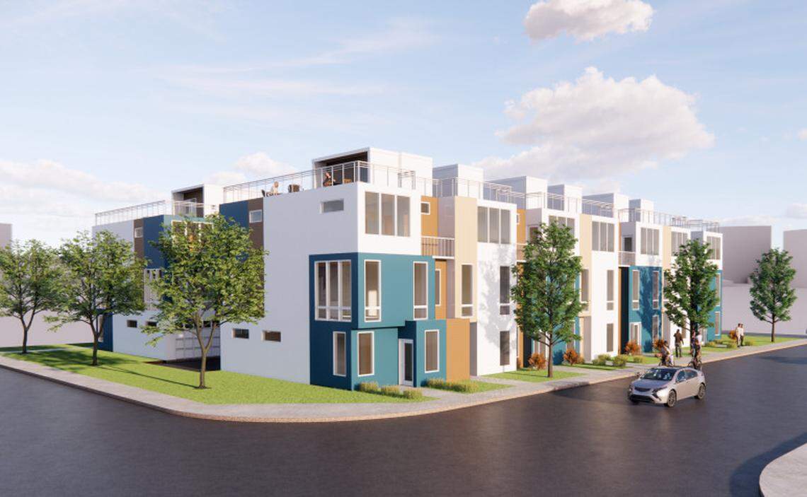 The Elle Estates proposal includes a grassy community area with benches and a children’s play area.