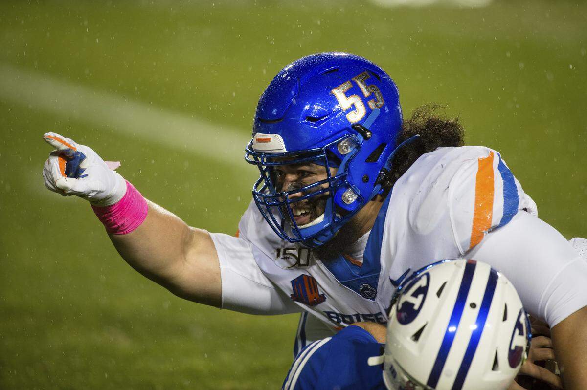 Boise State defensive tackle David Moa celebrates a sack in the first half against BYU on Saturday, Oct. 19, 2019, in Provo, Utah.