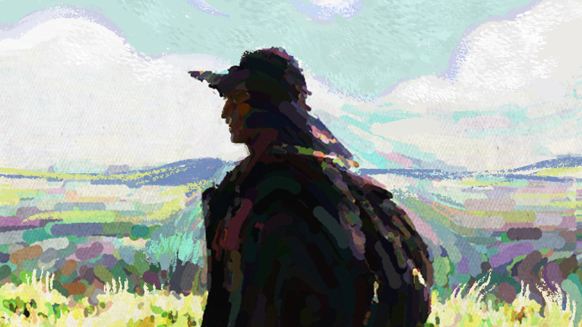 A Peruvian sheepherder gazes at a mountain slope with one of his dogs after returning from a day spent with his herd of sheep.