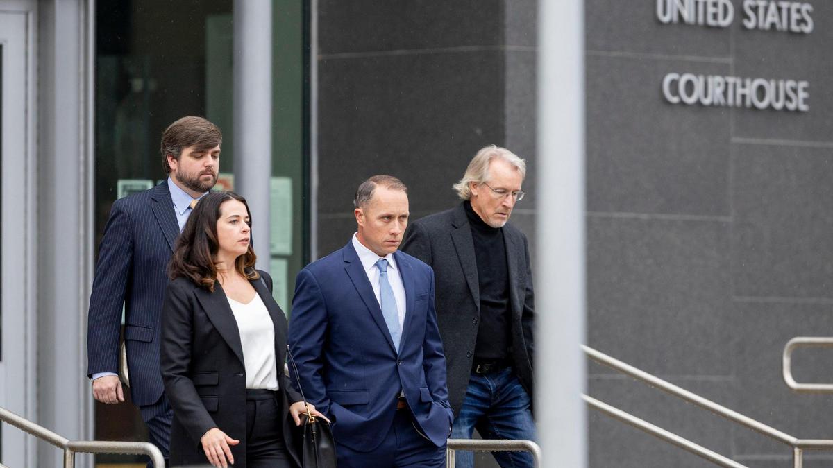 Ex-Caldwell Police Sgt. Ryan Bendawald leaves Boise’s federal courthouse with his attorneys Thursday morning. He’s being represented by two attorneys from Boise-based law firm Nevin, Benjamin & McKay LLP.