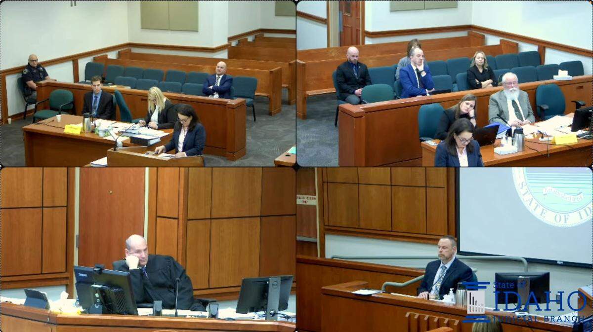 Detective Lawrence Mowery of the Moscow Police Department, bottom right, testified during questioning from defense attorney Elisa Massoth, top left, at a pretrial hearing for Bryan Kohberger in January. Kohberger is charged with murder in the November 2022 University of Idaho student homicides.