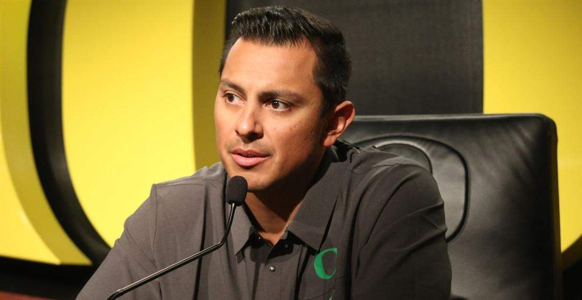 Oregon defensive coordinator Andy Avalos fields questions from the media Monday in Eugene, Ore. Avalos, a former Boise State linebacker, joined the Ducks after seven seasons on the Broncos’ coaching staff.