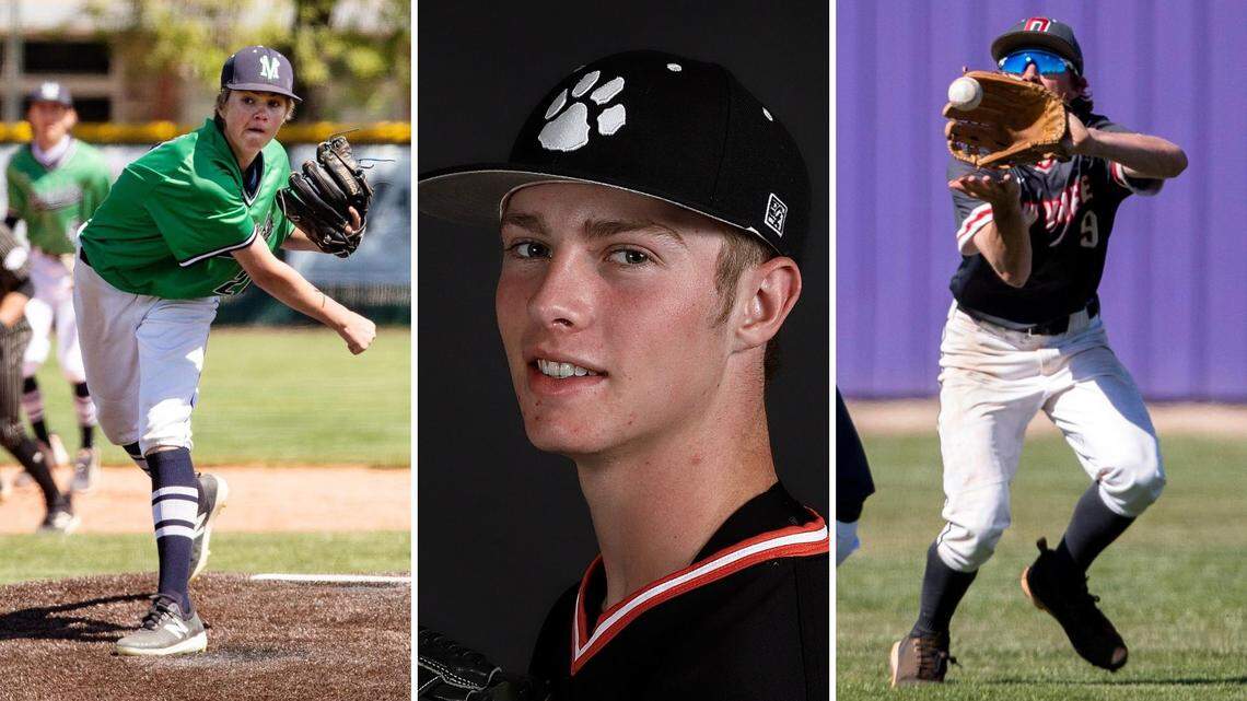From left to right, Mountain View’s Will Grizzle, Idaho Falls’ Merit Jones and Owyhee’s Jack Ryan were all selected to the 5A All-Idaho baseball team by the state’s coaches.