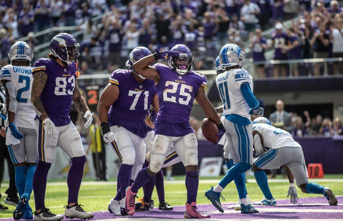 Minnesota Vikings running back Alexander Mattison celebrates his second-quarter touchdown run against the Detroit Lions on Oct. 10 at U.S. Bank Stadium in Minneapolis.