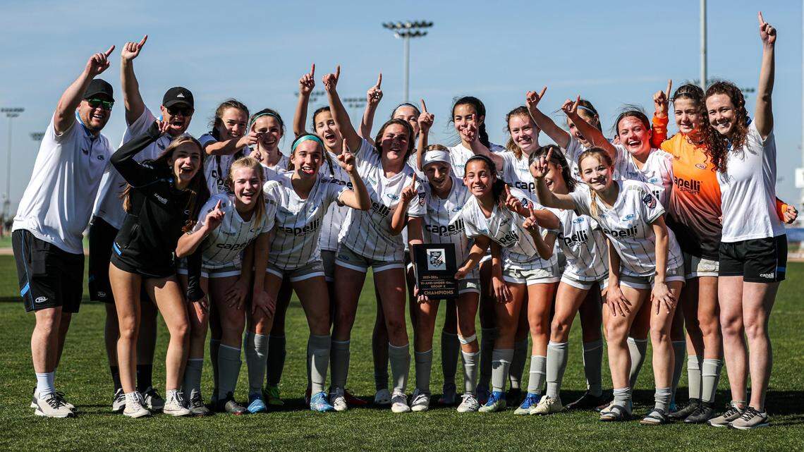 The Idaho Rush U-15 girls soccer team celebrates clinching a spot at this summer’s U.S. Youth Soccer National Championships after winning its group in the National P.R.O. League on March 21 in Arizona.