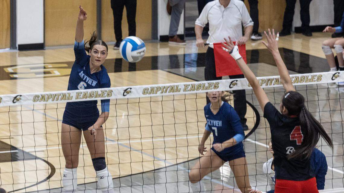 Skyview senior Bellamie Beus spikes the ball in their match against Boise in the state volleyball tournament, held at Capital High School, Thursday, Oct. 30, 2025.