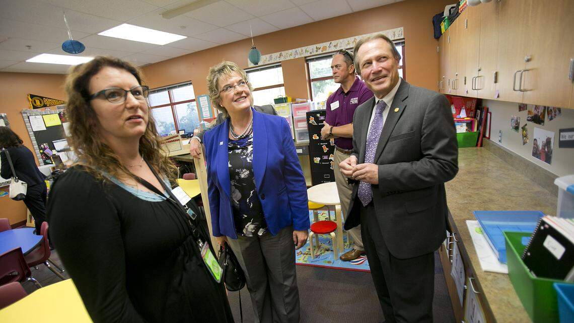 At right, Don Coberly, superintendent of the Boise School District, looks over a pre-K classroom at Whitney Elementary School in October 2015. Also pictured: Nora Carpenter with United Way of Treasure Valley, middle, and teacher Sheila Dengler-Shaw.