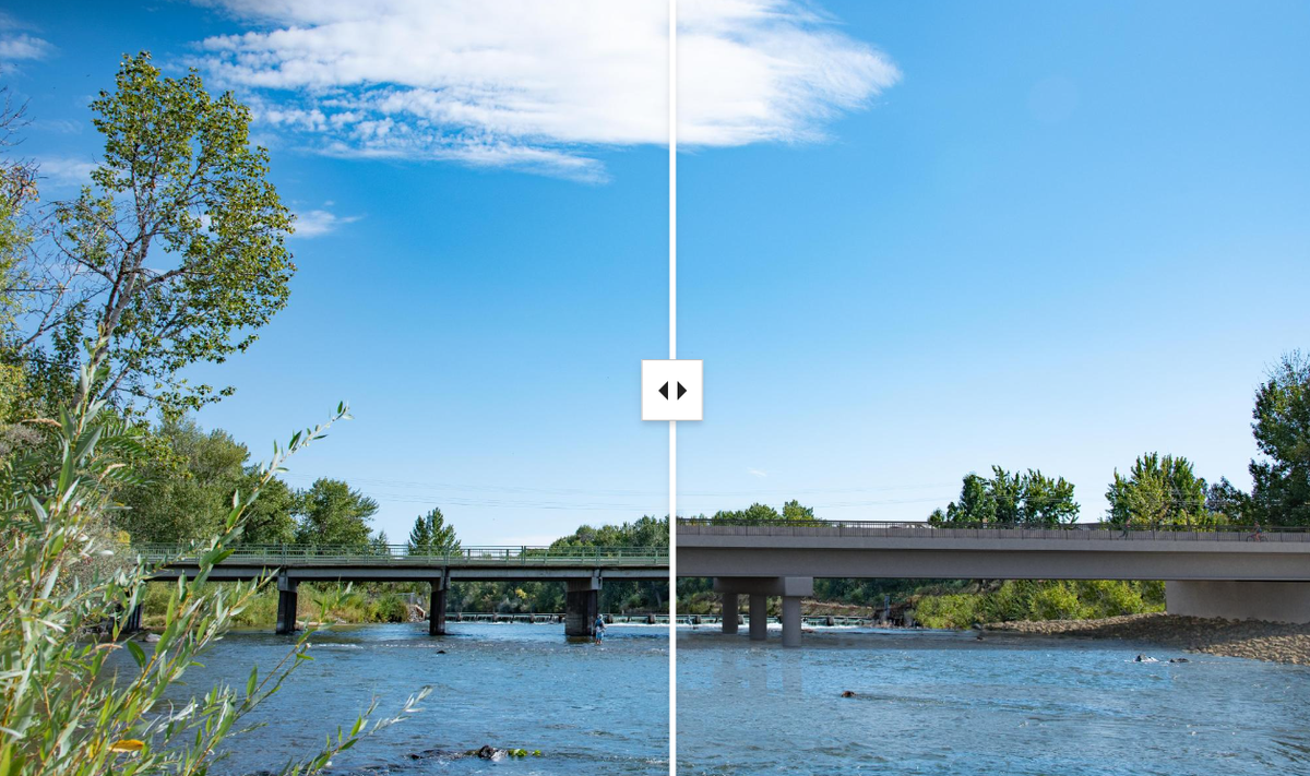 A split screen showing the current bridge at South Eckert Road, left, and an early rendering of the replacement, right.