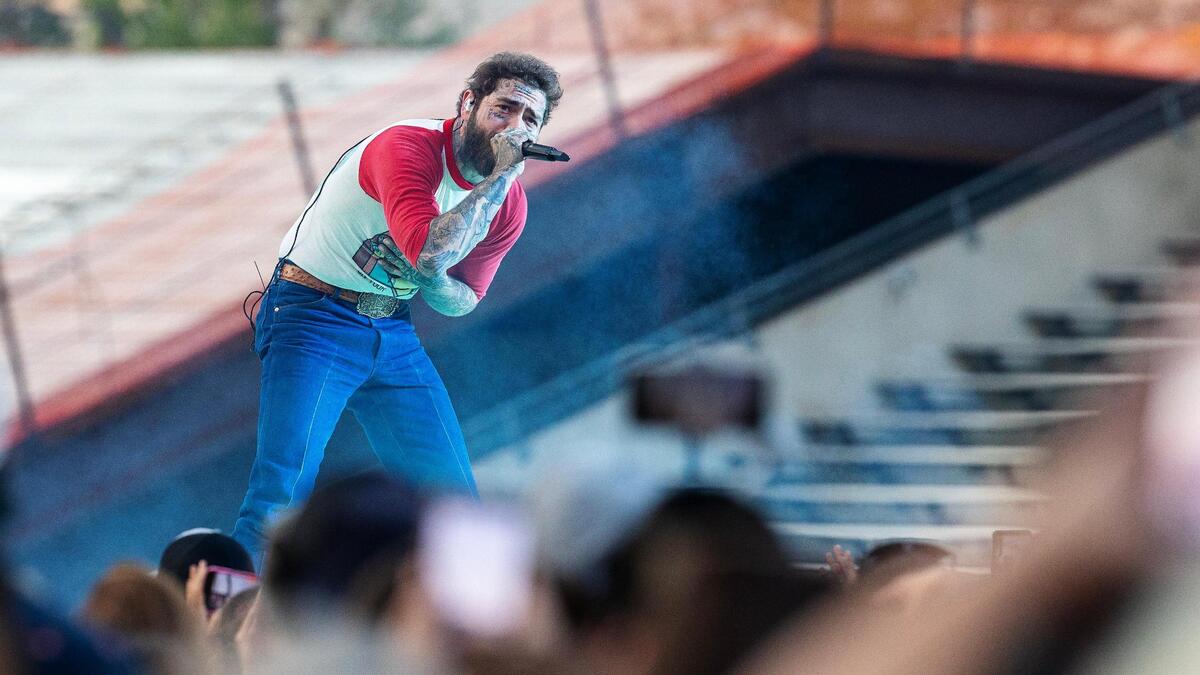 Post Malone performs during his Big Ass Stadium Tour stop in Idaho at Boise State’s Albertsons Stadium Tuesday, June 24, 2025..
