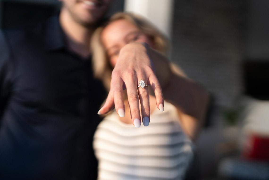 Garden City couple Garrett Chadderdon and Noelle Storey got engaged on Feb. 8. Storey accidentally flushed her 3-carat marquise diamond down the toilet earlier this month.