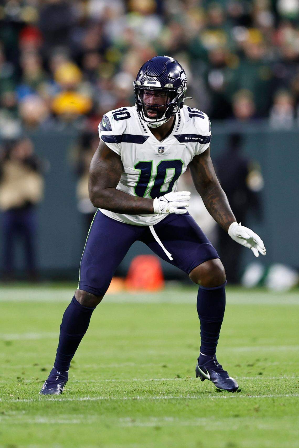 Seattle Seahawks outside linebacker Benson Mayowa tracks the play during the first half of their game against the Green Bay Packers on Sunday in Green Bay, Wisconsin.