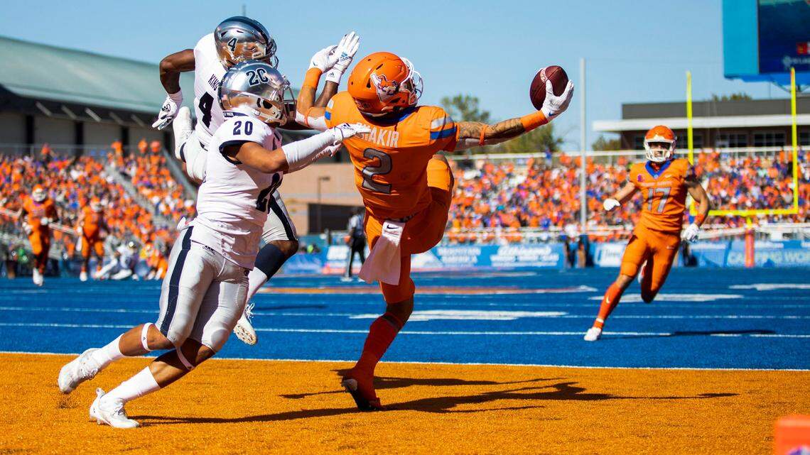 Boise State wide receiver Khalil Shakir catches a 23-yard touchdown pass in 2021 at Albertsons Stadium.