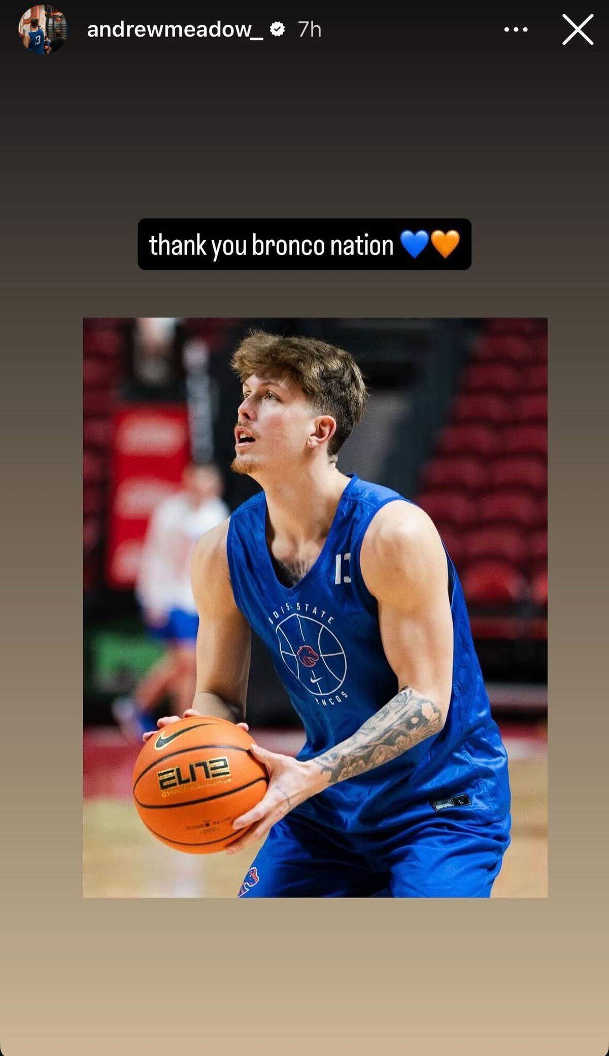 Boise State junior forward thanks Broncos fans on his Instagram story.