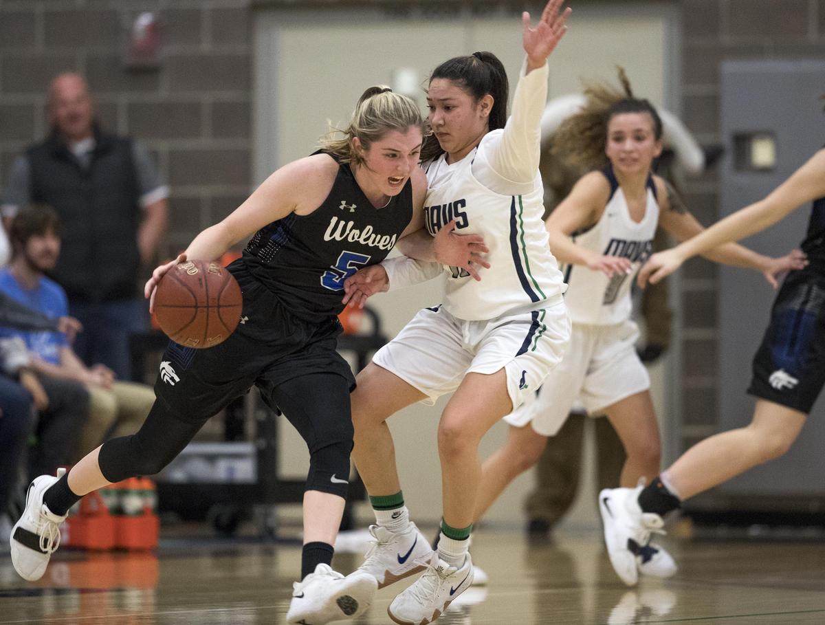 Timberline’s Ava Ranson tries to get around Mountain View’s Laila Saenz during the 5A district championship game last year at Mountain View.