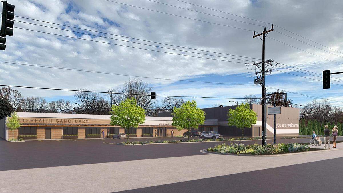 A rendering shows Interfaith Sanctuary’s State Street building, which would hold 205 people in a homeless shelter. Interfaith’s current building downtown holds about 140 people.