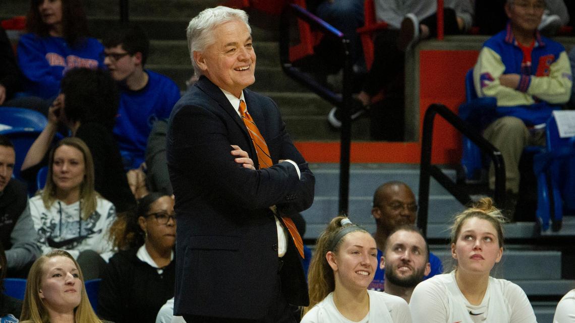 Boise State women’s basketball coach Gordy Presnell watches the last quarter of BSU’s decisive 81-52 over UNLV.