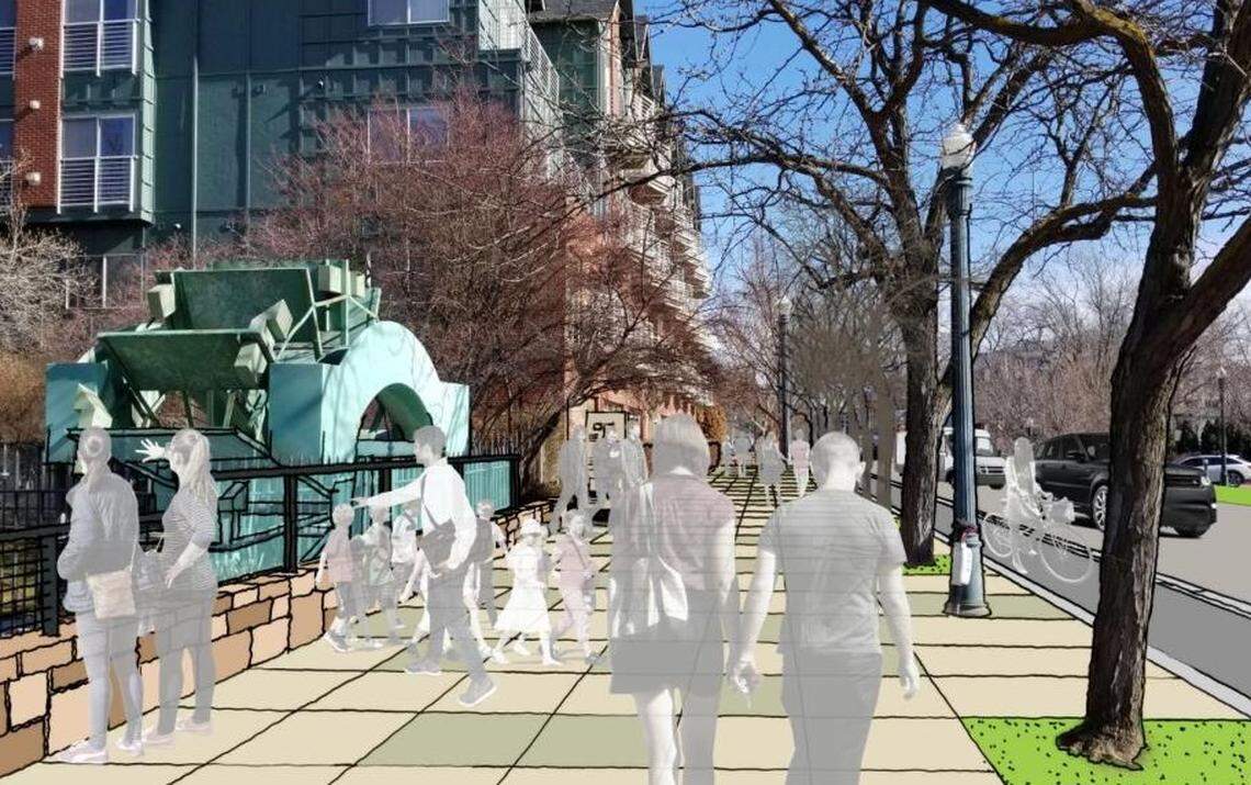 This rendering, looking east down Grove Street, shows an expanded sidewalk connecting Grove Street on the right and C.W. Moore Park on the left. City officials hope improvements along Grove Street foster pedestrian traffic as shown here.