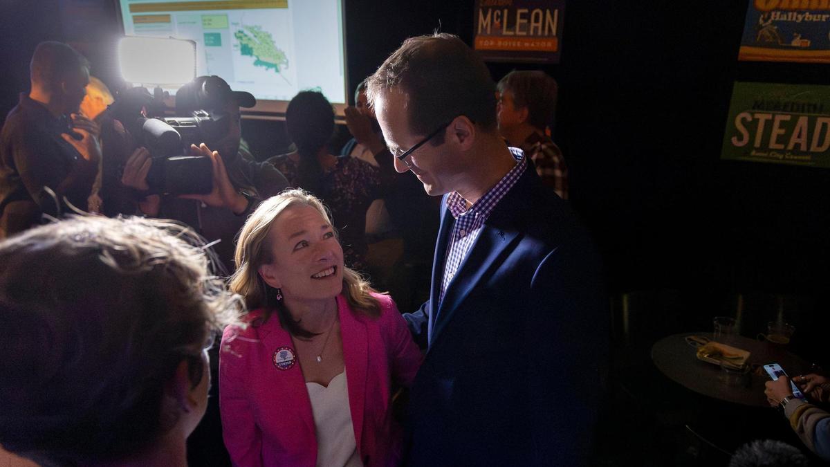 Boise Mayor Lauren McLean and husband Scott McLean greet supporters at the party.