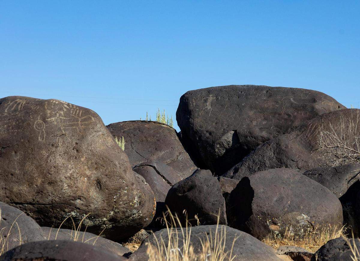 Petroglyphs mark basalt boulders along the canyons of the Snake River, such as this one at Celebration Park in Melba.