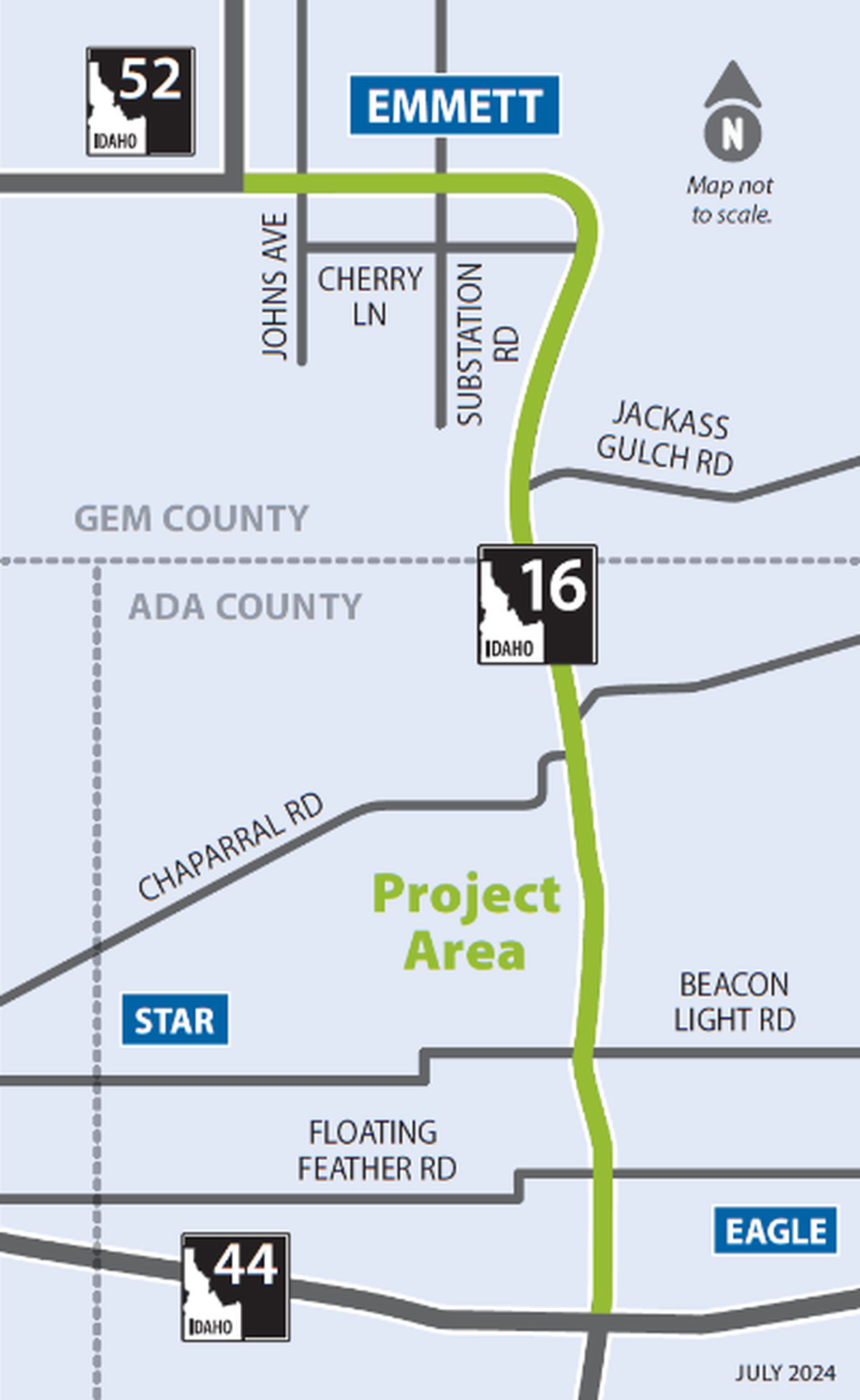 A map of the northern piece of Idaho 16 that ITD wants to widen and improve, shown in green.