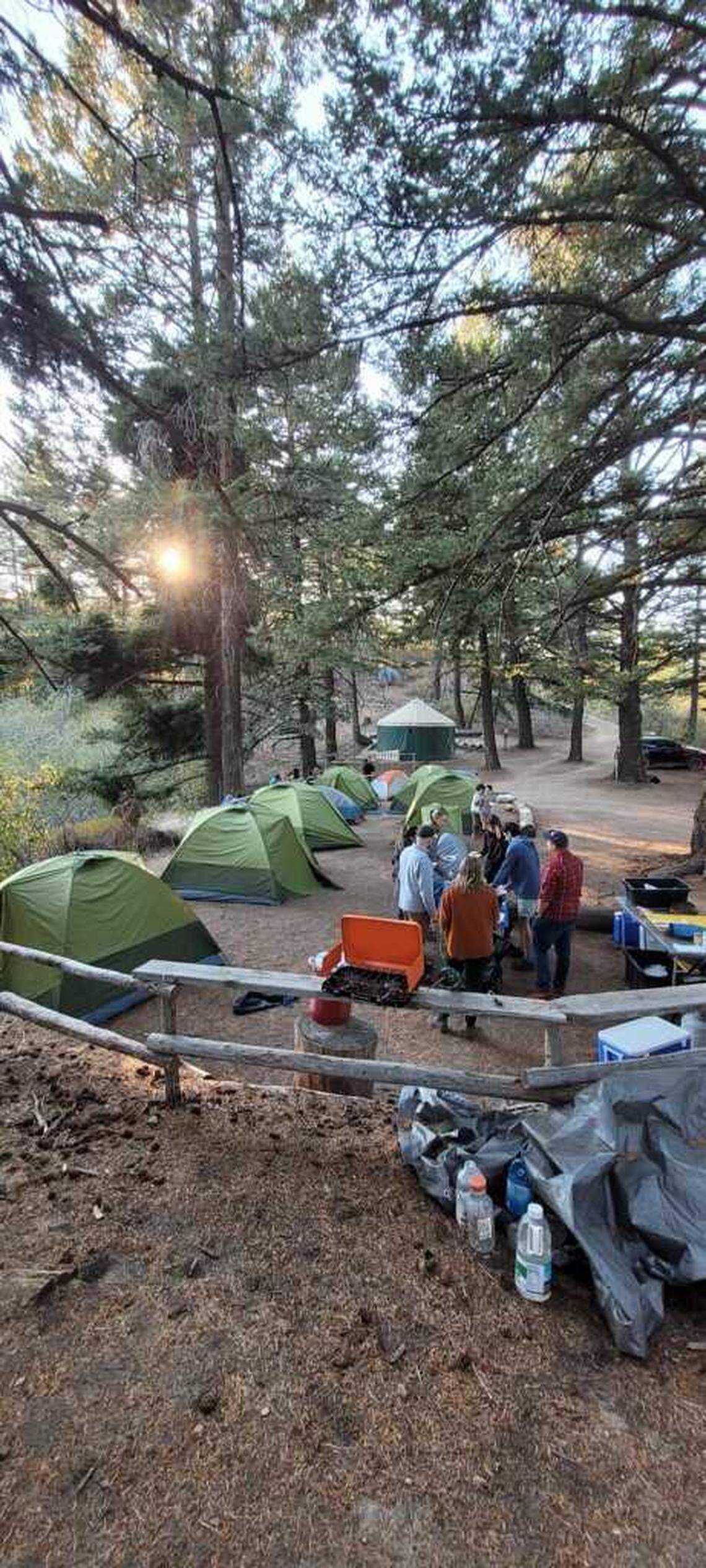 Riverstone fifth-graders after setting up camp at the Lucky Peak research station.