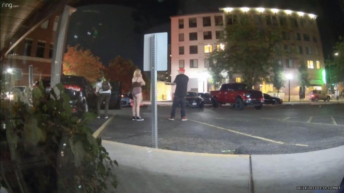 Security camera footage at a downtown Boise retail store captured three individuals, later identified as Payton Wasson, left, Jordan Smith, middle, and Mario Garza, at Garza’s black Kia sedan in the 5th Street strip mall in the early morning hours of June 24, 2023. A Boise police officer shot Wasson just moments later.