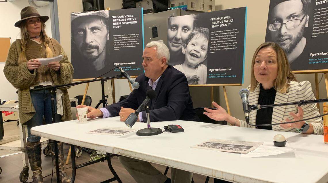City Council President Lauren McLean, right, answers an audience question during a forum at Interfaith Sanctuary on Nov. 21. McLean is facing Mayor David Bieter, center, in a runoff election to be held Dec. 3. Jodi Peterson, left, asked questions during the event.