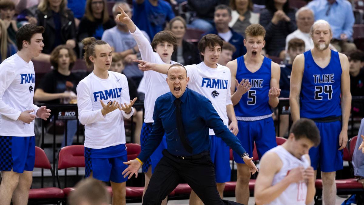 Timberline coach Travis Noble disagrees with an out-of-bounds call late in the fourth quarter of the Wolves’ 39-30 loss to Post Falls in the first round of the 5A boys basketball state tournament Thursday at the Ford Idaho Center in Nampa.