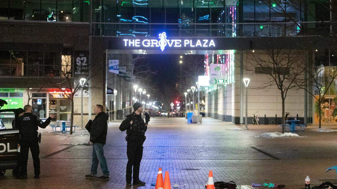 Boise Police work at the scene of an incident involving a man who was found with a gunshot wound on The Grove plaza in downtown Boise on Saturday night.