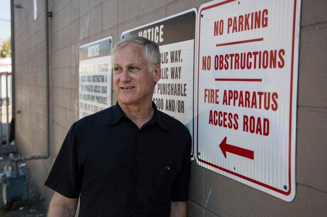 Howard Belodoff, associate director of Idaho Legal Aid Services, in the alley between Corpus Christi House and Interfaith Sanctuary in Downtown Boise.