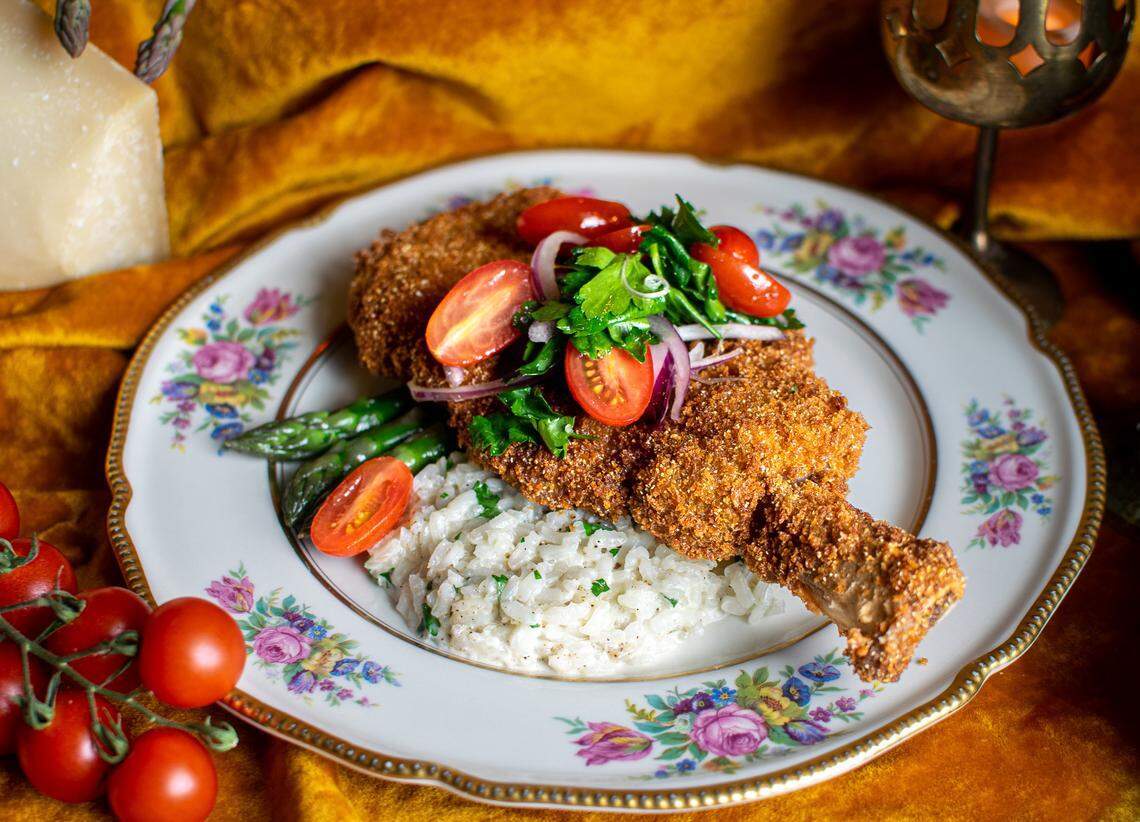 Among the six current main course options? Pork Milanese (Duroc heritage pork with tomato salad and parmesan risotto).