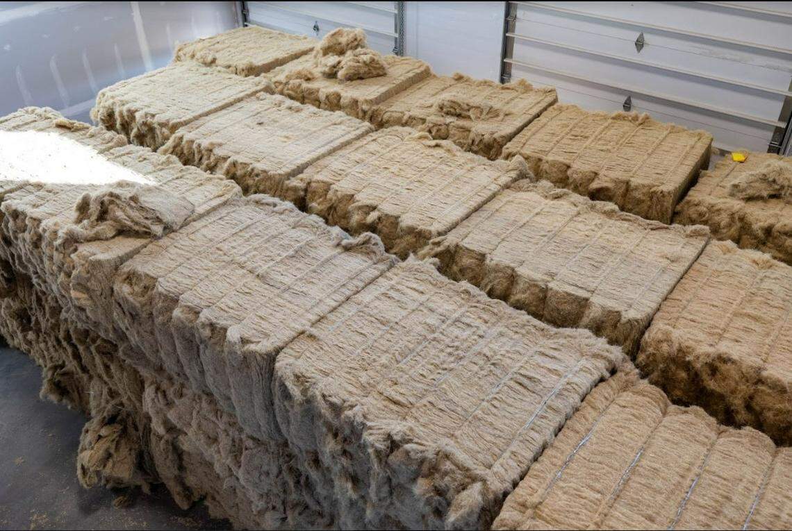 Bundles of hemp form the raw material for thermal insulation and other products at the new Hempitecture manufacturing plant in Jerome, Idaho.