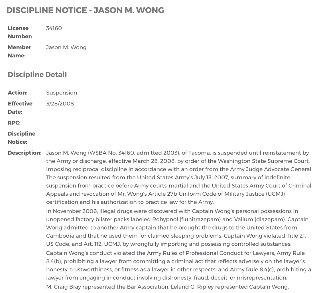 A discipline notice posted by the Washington State Bar regarding a 2008 suspension for Jason Wong, who is now accused of rape and attempted strangulation. He previously worked as an attorney in Washington, and he’s since moved to Idaho, where he sells firearms.