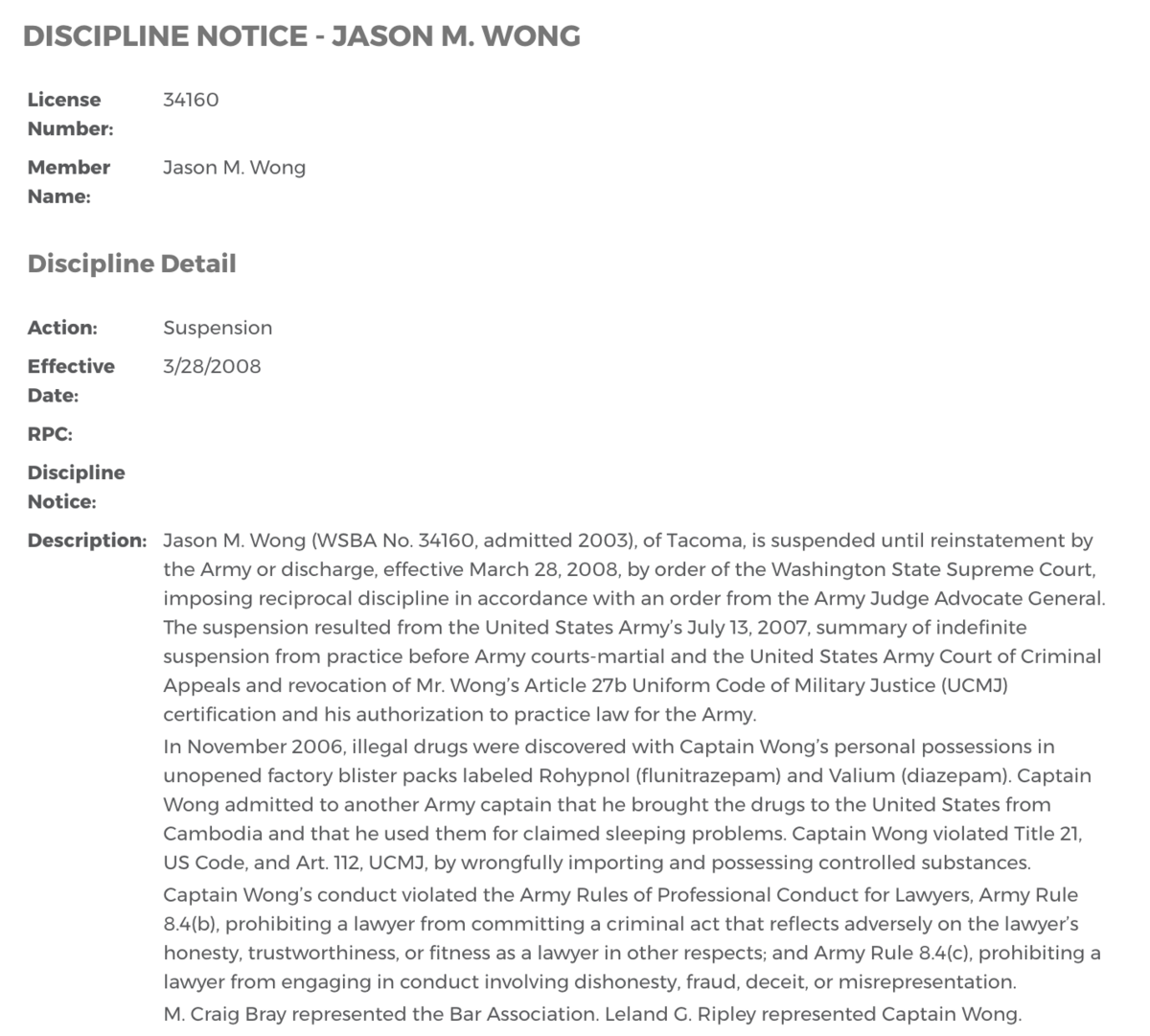 A discipline notice posted by the Washington State Bar regarding a 2008 suspension for Jason Wong, who is now accused of rape and attempted strangulation. He previously worked as an attorney in Washington, and he’s since moved to Idaho, where he sells firearms.