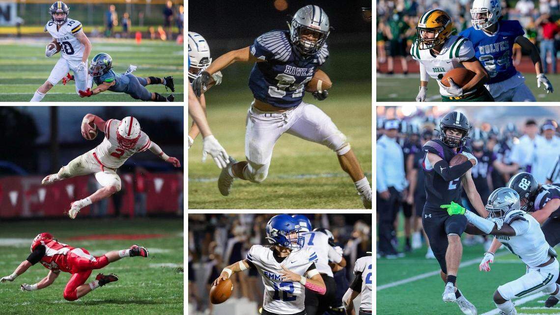 Clockwise from top left, Meridian’s Quentin Riley, Skyview’s Atonio Fifta, Borah’s Bradly Toth, Rocky Mountain’s Hunter Steacker, Emmett’s Caden Young and Weiser’s Brett Spencer were all honored on their respective all-conference football teams.