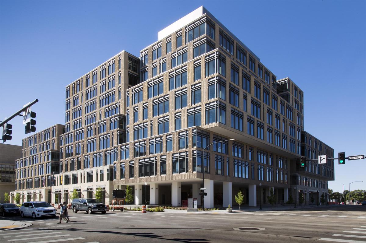 The nine-story, 325,000-square-foot Simplot World Headquarters in Downtown Boise has several unusual features, such as a greenhouse on the building's east side.